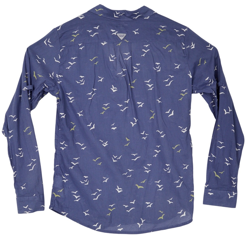 Columbia PFG Shirt Womens Small Blue Bird Print Roll Tab Long Sleeve Cotton - Picture 4 of 15